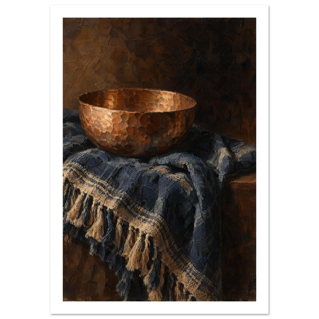 Hammered copper bowl on folded indigo cloth with cream stripes and tassels, painted against a dark brown background.