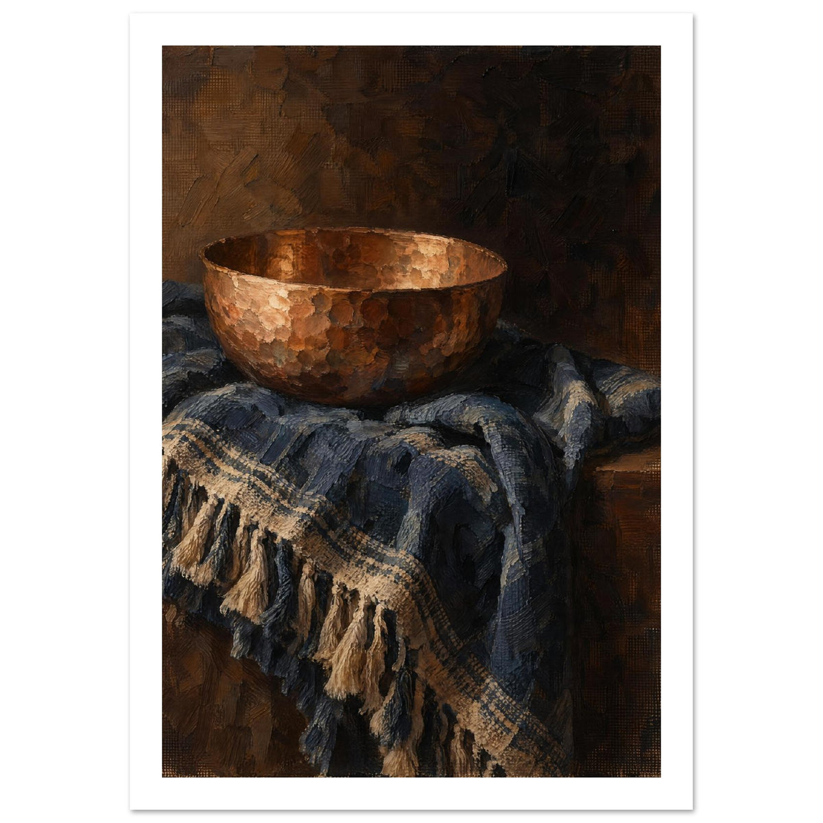 Hammered copper bowl on folded indigo cloth with cream stripes and tassels, painted against a dark brown background.