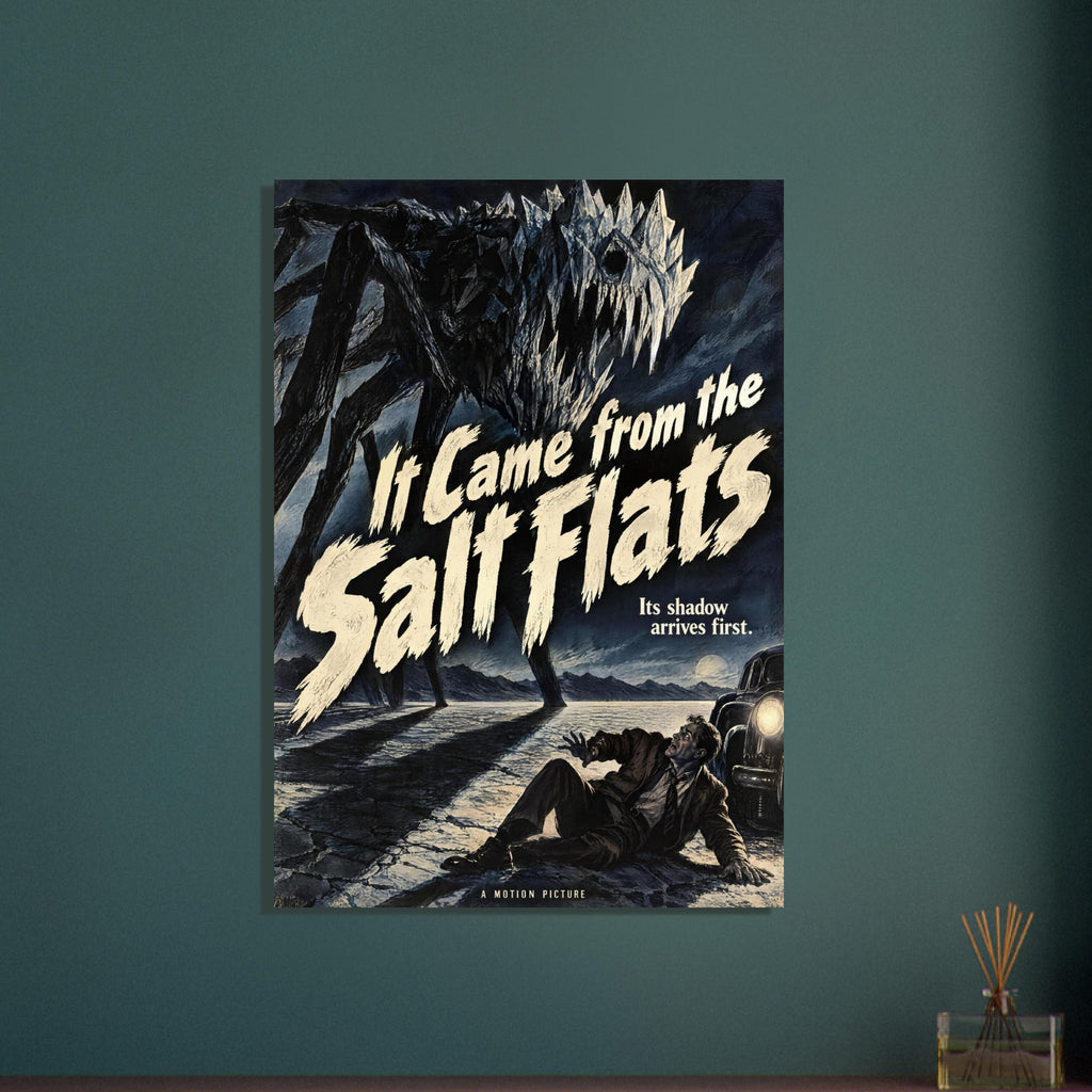 Jagged monster towers over salt flats, a frightened man and a car beneath cream lettering reading ‘It Came from the Salt Flat