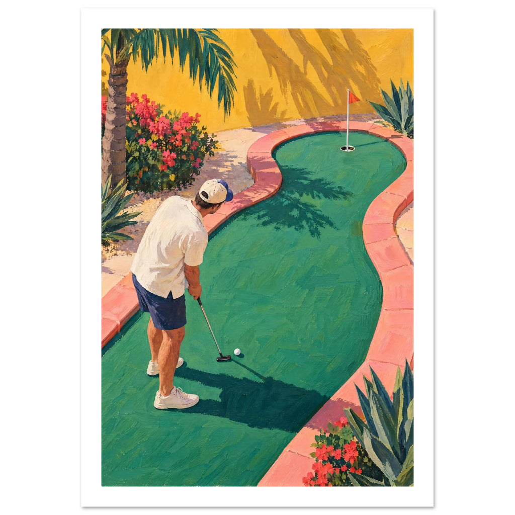 Golfer lining up a putt on a green mini golf course with pink borders, palms, flowers and a yellow wall.