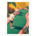 Golfer lining up a putt on a green mini golf course with pink borders, palms, flowers and a yellow wall.