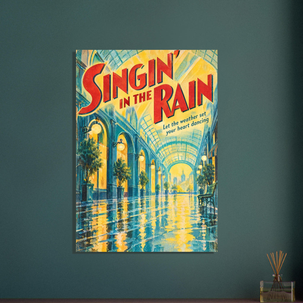 Singin’ in the Rain lettering above a yellow and teal glass-roofed arcade with globe lamps and a reflective wet floor.