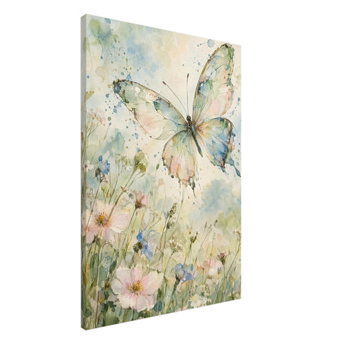 Pastel butterfly with spread wings above pink, blue and white wildflowers in soft green and blue watercolour washes.