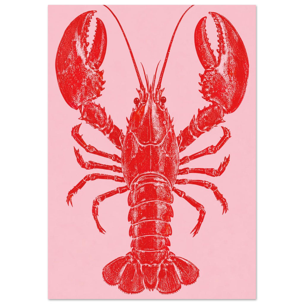 Red lobster with large raised claws, long antennae and a textured shell on a plain pink background.
