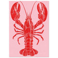 Red lobster with large raised claws, long antennae and a textured shell on a plain pink background.