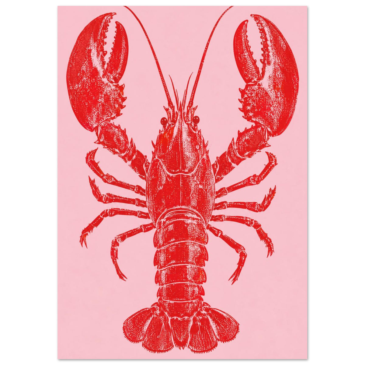 Red lobster with large raised claws, long antennae and a textured shell on a plain pink background.