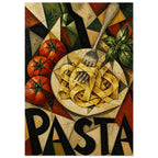 Cubist still life of ribbon pasta on a plate, a fork, three tomatoes, herbs and a dark bottle, with PASTA lettering.