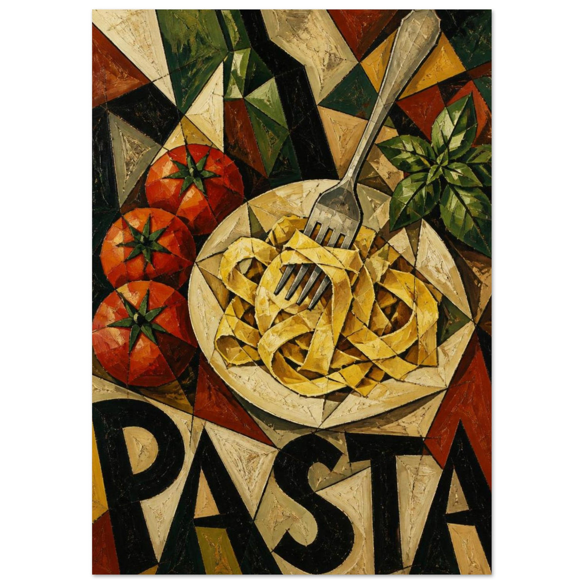 Cubist still life of ribbon pasta on a plate, a fork, three tomatoes, herbs and a dark bottle, with PASTA lettering.