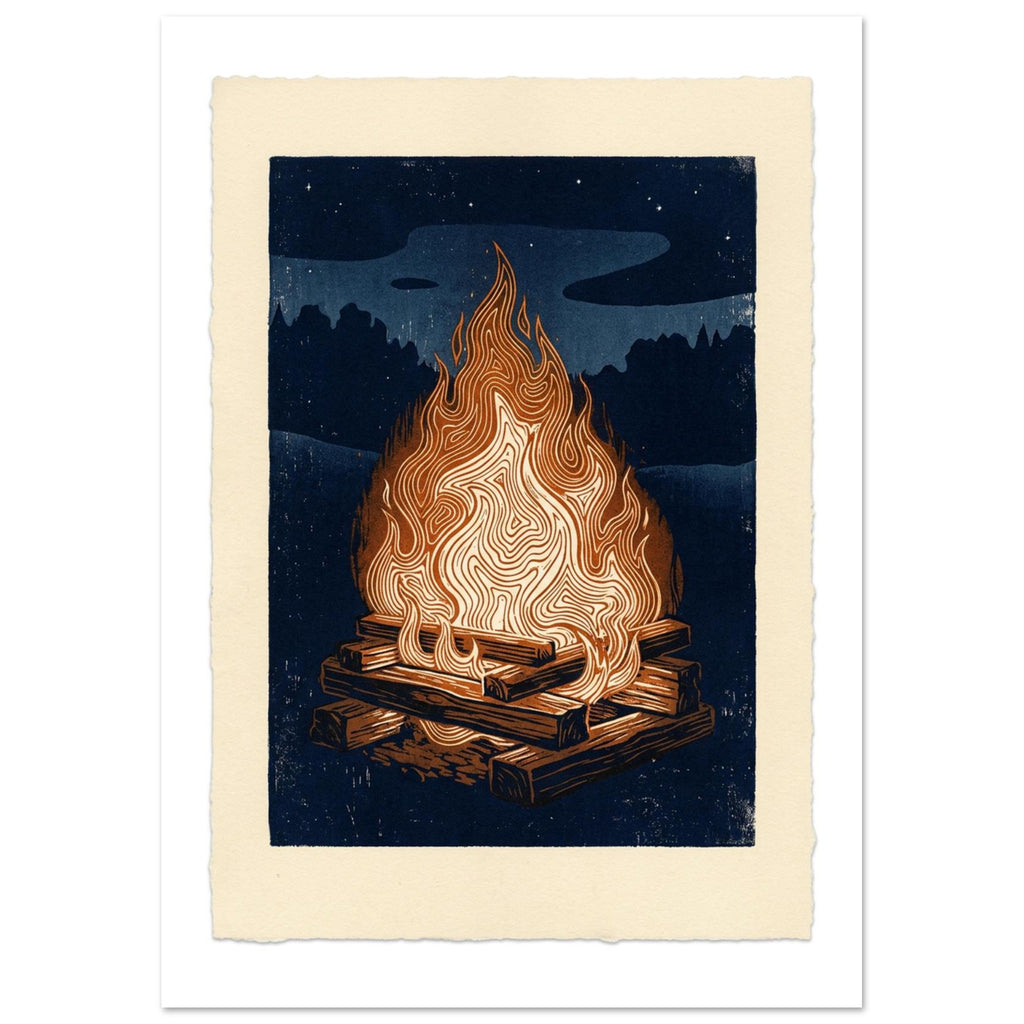 Bonfire with cream and orange patterned flames above stacked logs, against a navy night sky within a cream border.