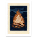 Bonfire with cream and orange patterned flames above stacked logs, against a navy night sky within a cream border.