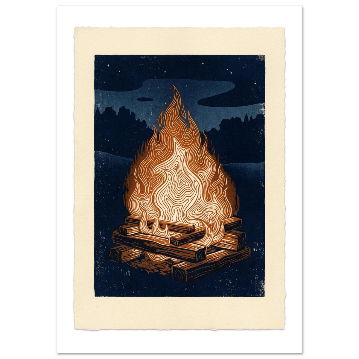 Bonfire with cream and orange patterned flames above stacked logs, against a navy night sky within a cream border.