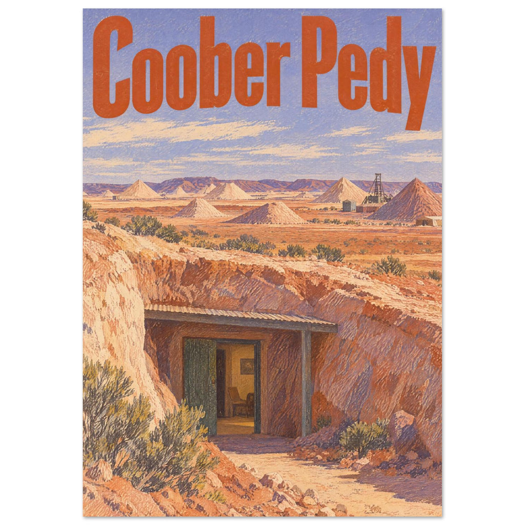 Coober Pedy travel poster with orange lettering, desert mounds and a doorway cut into the earth beneath a lavender-blue sky.