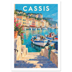 Cassis harbour with fishing boats, turquoise water, pastel buildings and stone steps beneath large cream Cassis lettering.