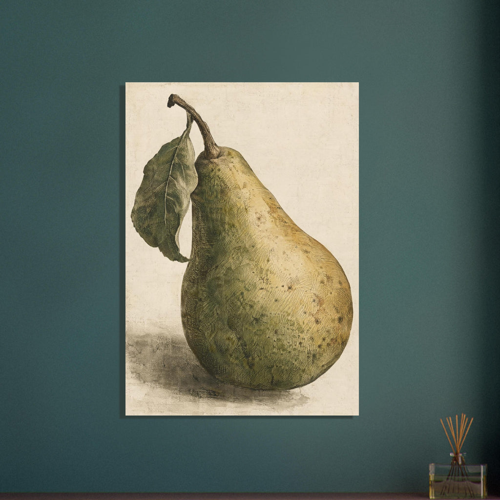 Yellow-green pear with a curved brown stem and large olive leaf, finely shaded against a textured cream background.