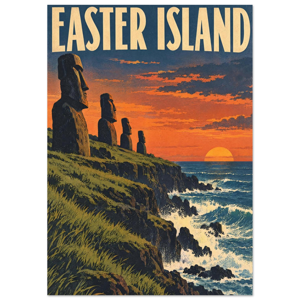 Moai statues on grassy coastal cliffs above crashing waves, with an orange sunset and large Easter Island lettering.