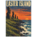 Moai statues on grassy coastal cliffs above crashing waves, with an orange sunset and large Easter Island lettering.