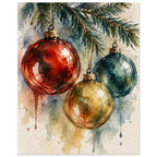 Watercolour painting of three vintage glass Christmas baubles hanging from a spruce twig