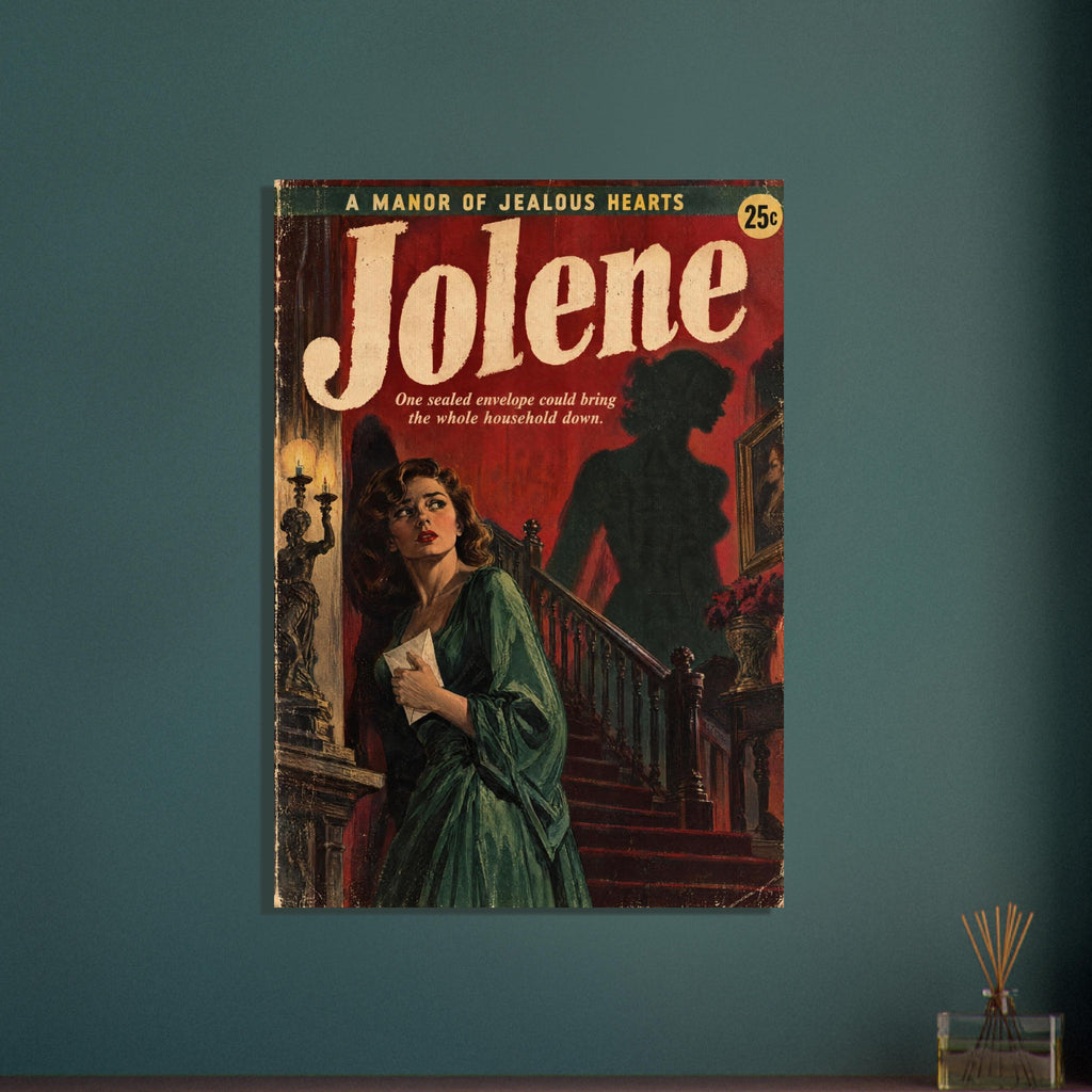 Jolene pulp-style cover with a woman in a green dress holding an envelope by a staircase, beneath a looming shadow.