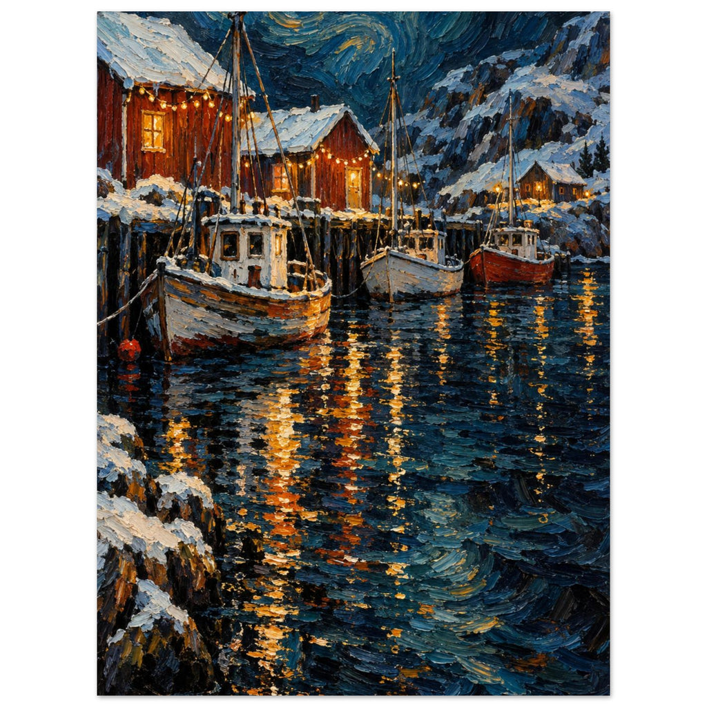Christmas Eve Harbour shows three moored boats and snowy sheds beneath warm bulbs, with thick orange reflections across petro