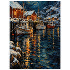 Christmas Eve Harbour shows three moored boats and snowy sheds beneath warm bulbs, with thick orange reflections across petro