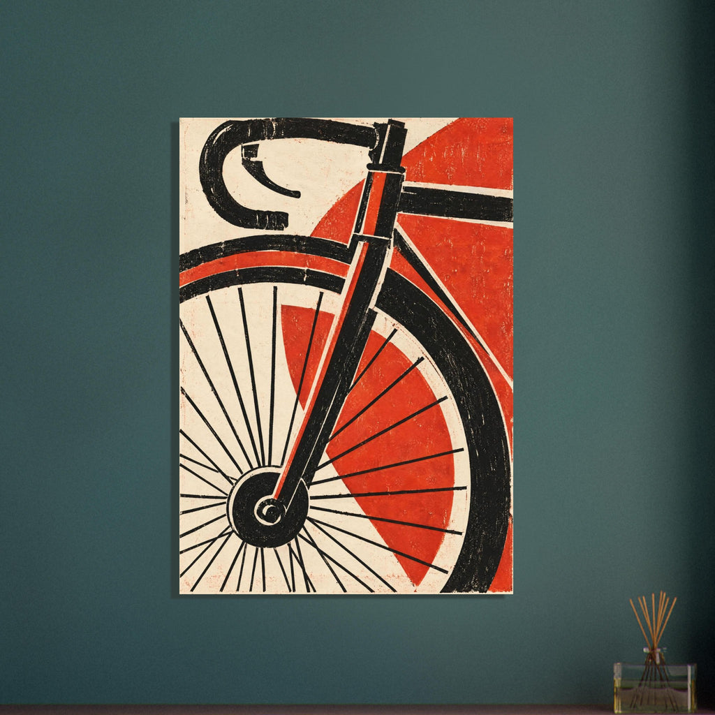 Bicycle front wheel, fork and drop handlebar in black against red geometric shapes and a distressed cream background.