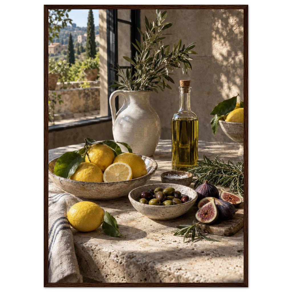 Lemons, olives, figs and a bottle of oil on a stone table beside a ceramic jug of leafy branches and a sunlit window.