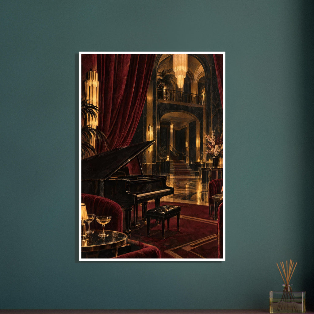 Black grand piano in an ornate lounge with burgundy curtains, golden chandeliers, velvet chairs and a staircase.