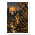 Bearded forest troll beside a rocky stream beneath an autumn tree, with dark conifers and a glowing orange orb in the sky.
