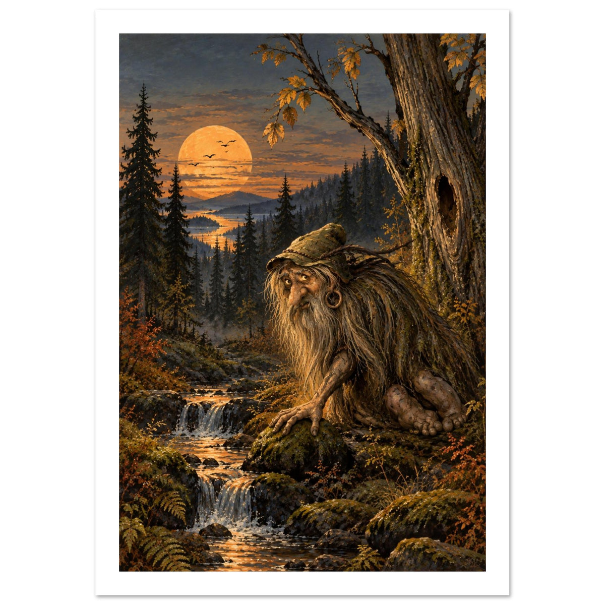 Bearded forest troll beside a rocky stream beneath an autumn tree, with dark conifers and a glowing orange orb in the sky.