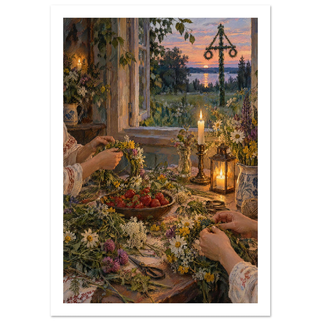 Hands weaving wildflower crowns at a candlelit table with strawberries, beside an open window overlooking water at sunset.