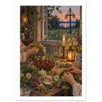 Hands weaving wildflower crowns at a candlelit table with strawberries, beside an open window overlooking water at sunset.