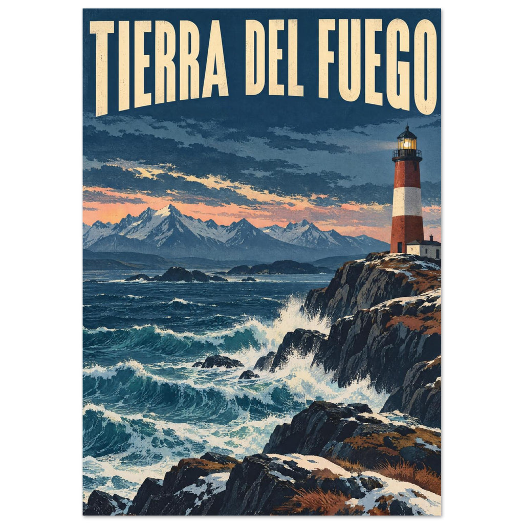 Red-and-cream lighthouse above crashing waves and snowy rocks, with mountains and large Tierra del Fuego lettering.