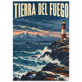 Red-and-cream lighthouse above crashing waves and snowy rocks, with mountains and large Tierra del Fuego lettering.