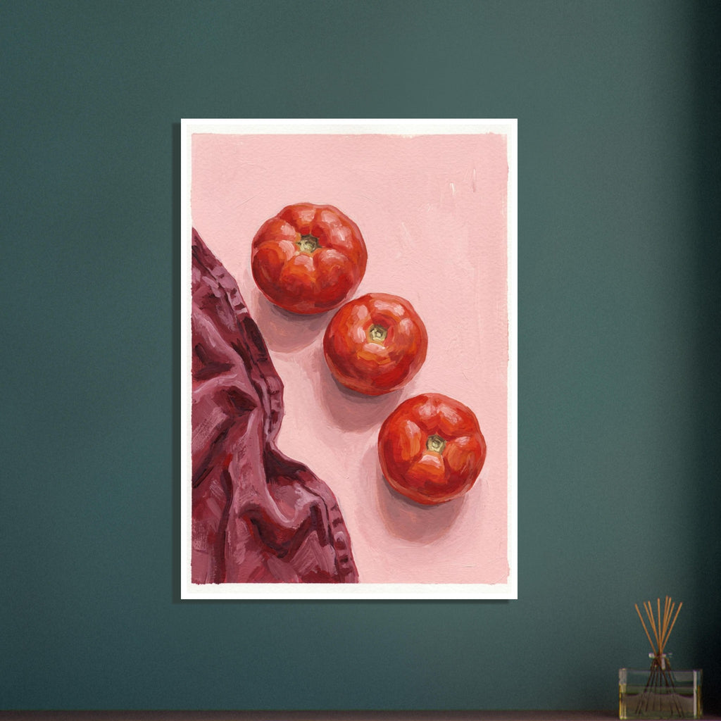 Three red tomatoes arranged diagonally on a pink surface beside a folded burgundy cloth, painted with broad brushstrokes.