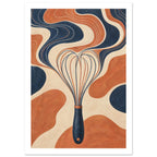 Kitchen whisk with a navy handle against textured, flowing bands of terracotta, cream and navy.