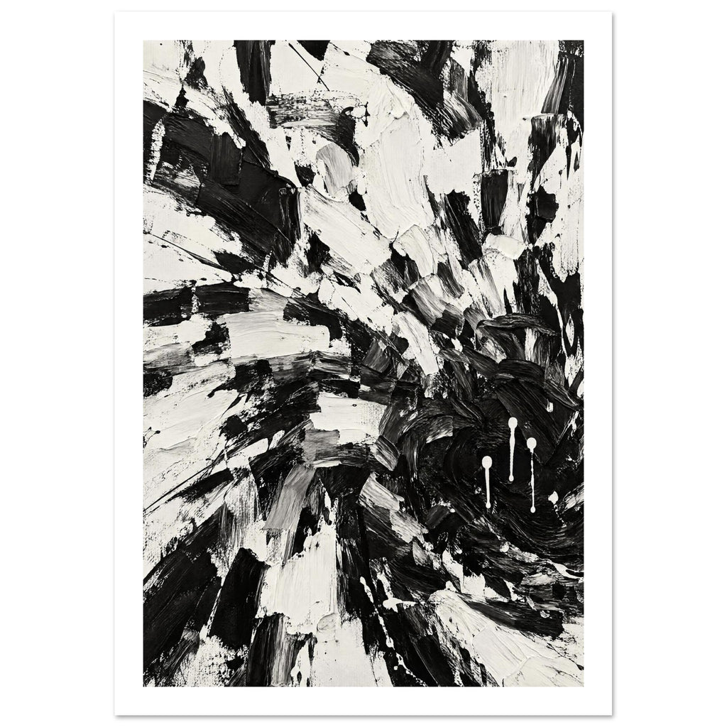 Abstract black and white brushstrokes with thick ridged marks, sweeping curves, scraped edges and white paint drips.