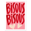 Bisous Bisous lettering in bold red brushstrokes on a pink background, with two cream hearts below.