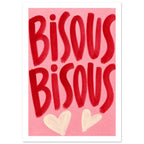 Bisous Bisous lettering in bold red brushstrokes on a pink background, with two cream hearts below.