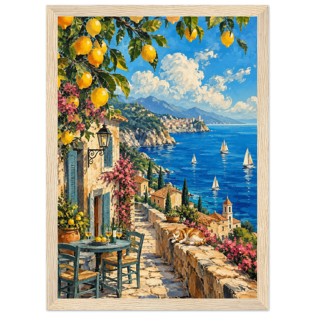 Lemon branches above a seaside terrace with a table, chairs and resting cat, overlooking sailboats and a coastal village.