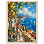 Lemon branches above a seaside terrace with a table, chairs and resting cat, overlooking sailboats and a coastal village.
