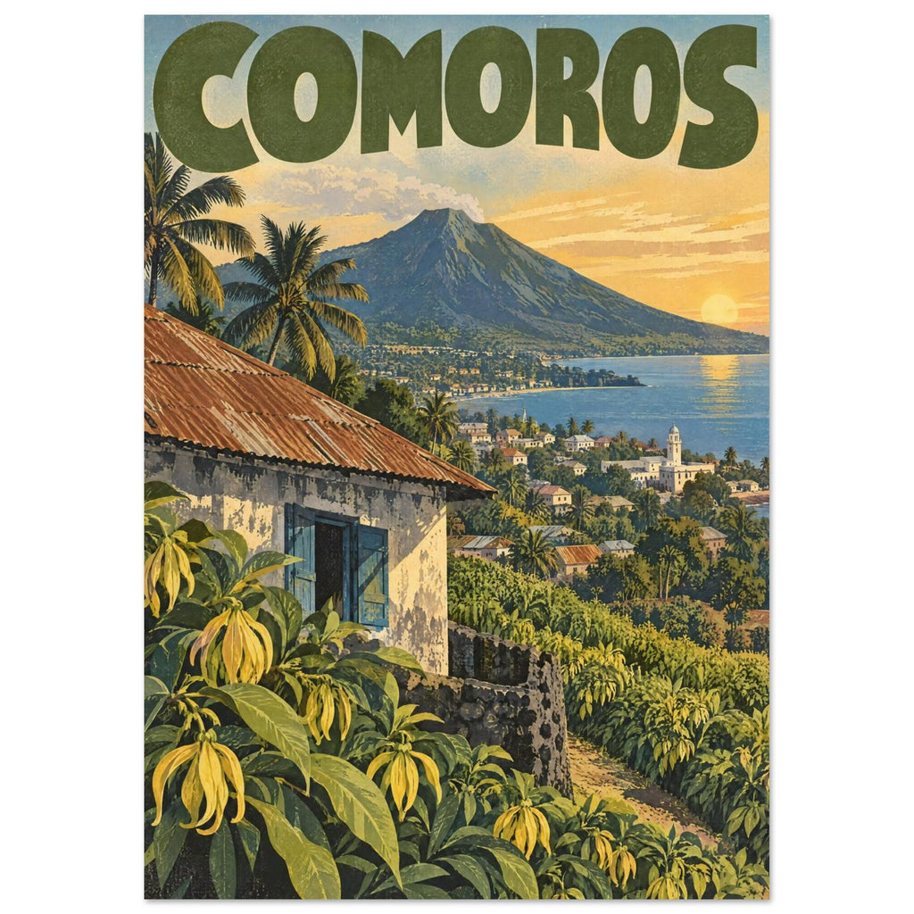 Comoros travel poster with a volcanic mountain, coastal town, palms and yellow flowers beneath a golden sky.