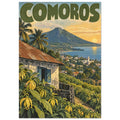 Comoros travel poster with a volcanic mountain, coastal town, palms and yellow flowers beneath a golden sky.