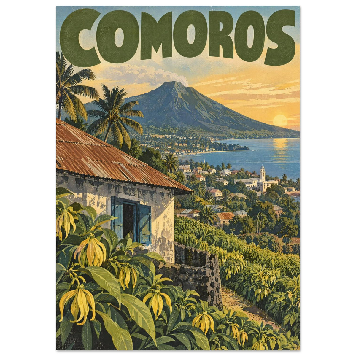 Comoros travel poster with a volcanic mountain, coastal town, palms and yellow flowers beneath a golden sky.