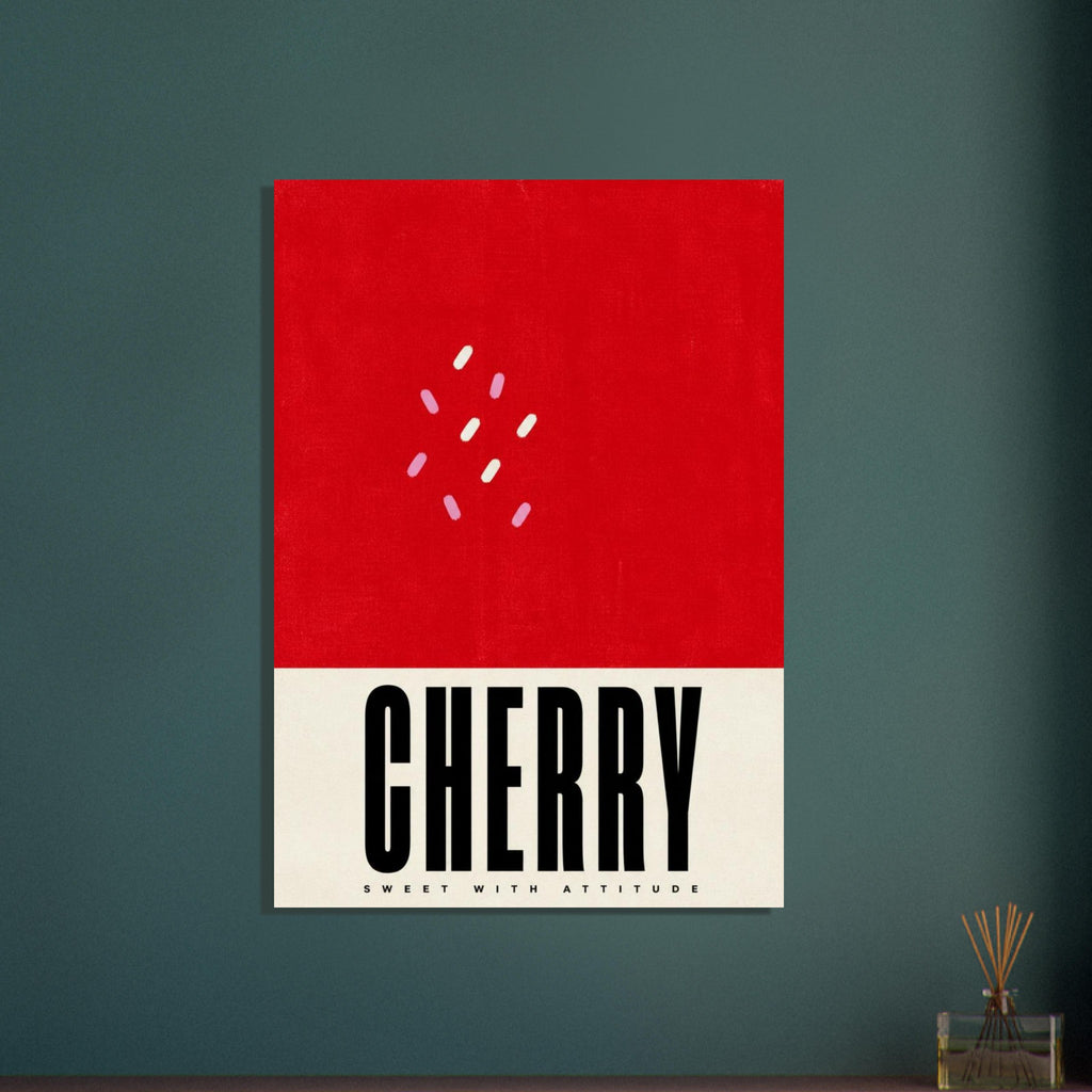 Cherry lettering in black on a cream band beneath a red field with pink and cream marks; small text reads Sweet With Attitude