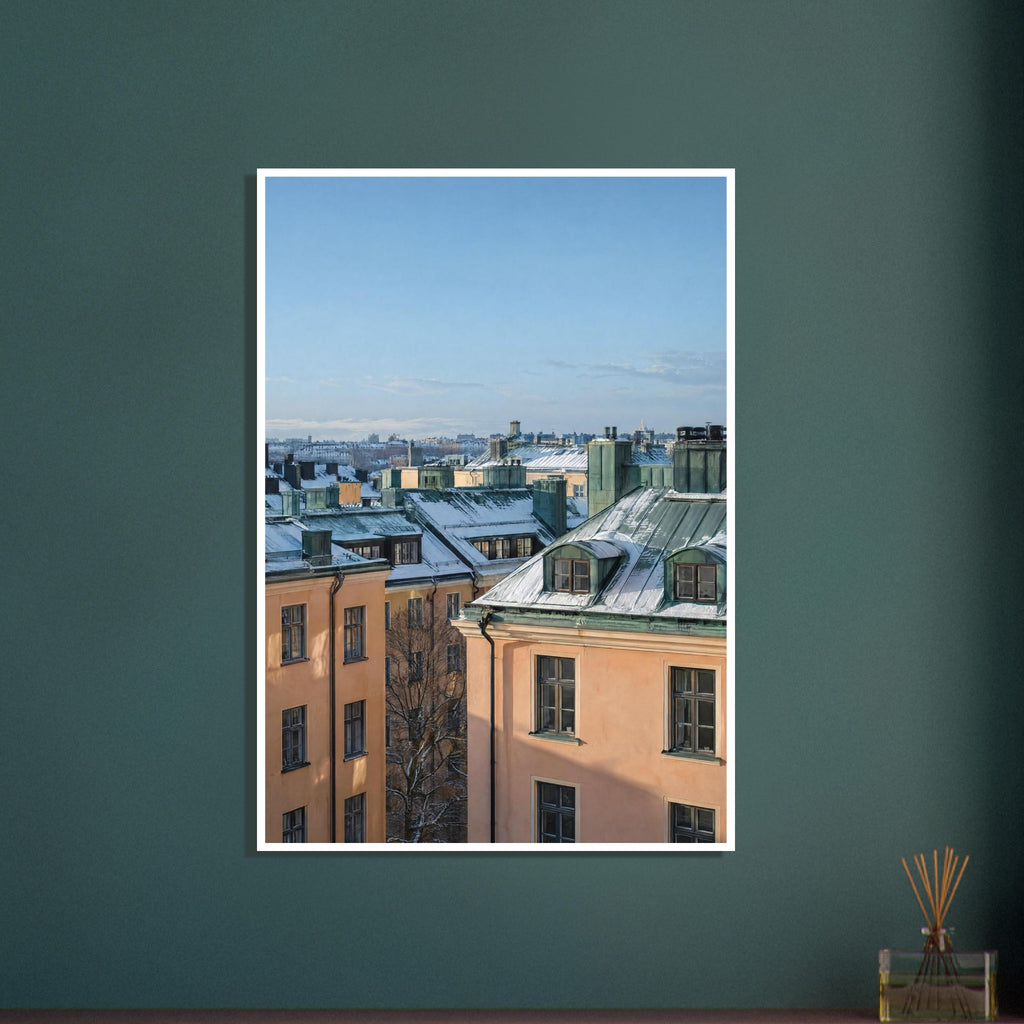 Snow-covered green rooftops and chimneys above peach buildings, with a distant city skyline beneath a clear blue sky.