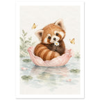 Red panda holding a daisy in a floating pink flower, surrounded by butterflies, lily pads and soft green foliage.