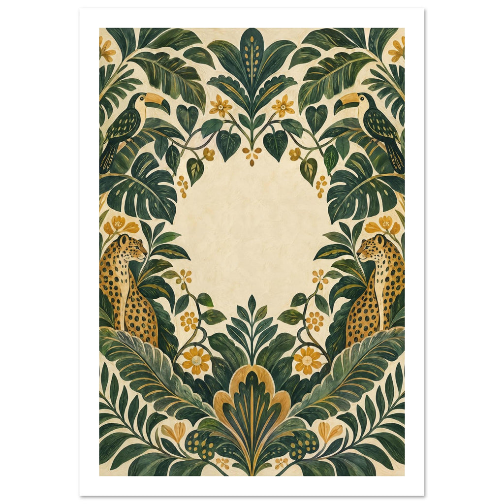 Two toucans and two spotted big cats among symmetrical green leaves and golden flowers around an empty cream centre.