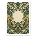 Two toucans and two spotted big cats among symmetrical green leaves and golden flowers around an empty cream centre.