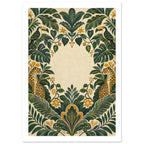 Two toucans and two spotted big cats among symmetrical green leaves and golden flowers around an empty cream centre.