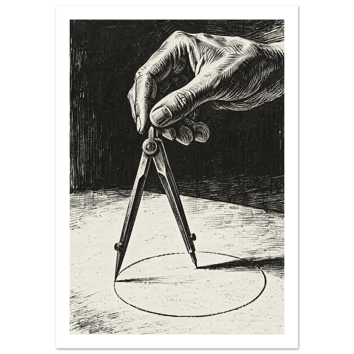 Hand And Drawing Compass Vintage Art Print – White Border